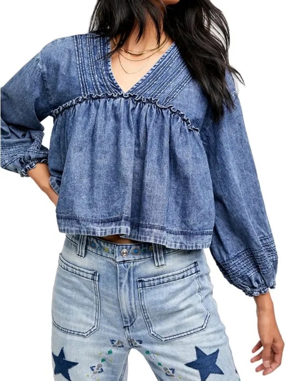 Free People Charlotte Blouse in a medium denim wash